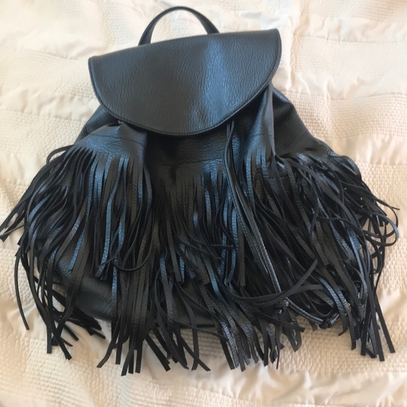 black leather fringe backpack